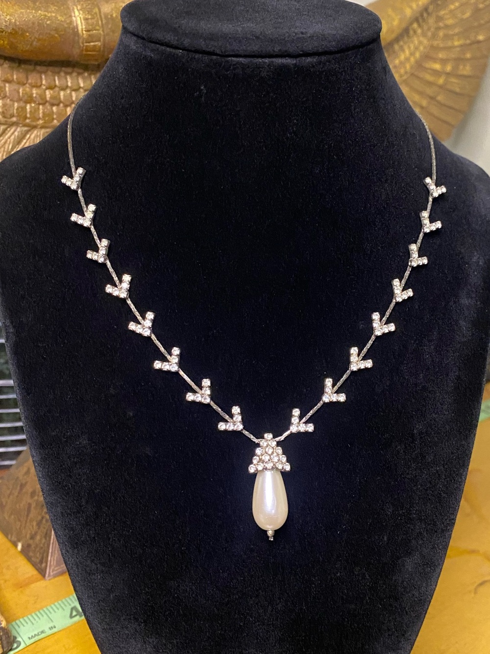 Vintage rhinestone Vine Necklace with Pearl Drop